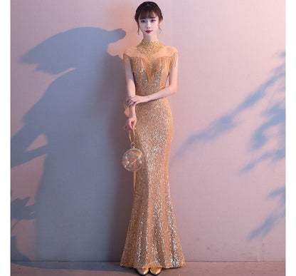 Fringed Mermaid Trim Short-Sleeve Sequin Evening Gown