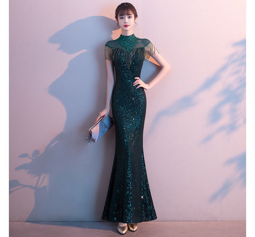 Fringed Mermaid Trim Short-Sleeve Sequin Evening Gown
