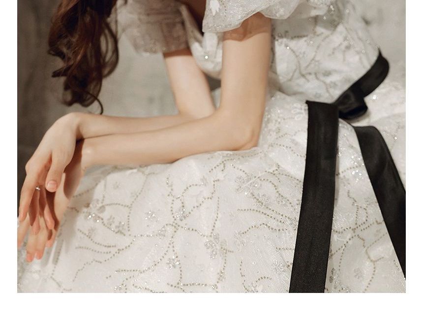 Gown Evening Floral Bow Puff-Sleeve Accent A-Line