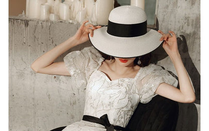 Gown Evening Floral Bow Puff-Sleeve Accent A-Line