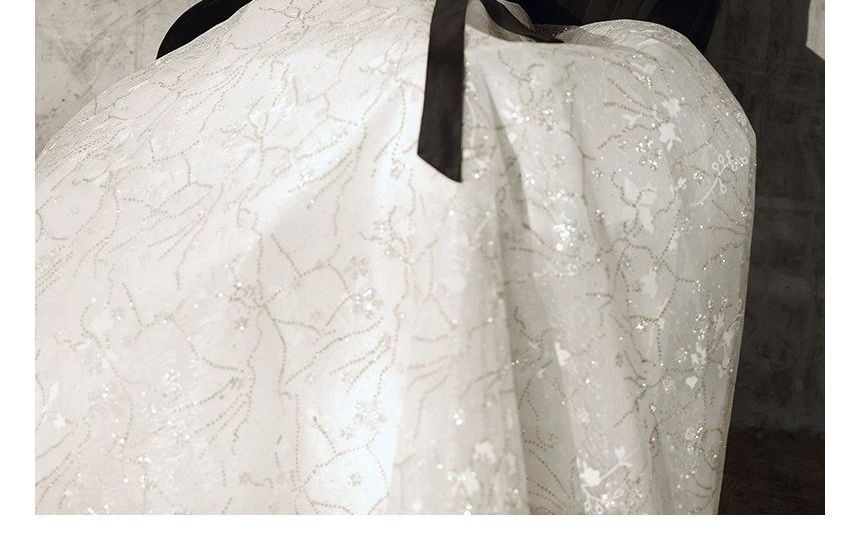 Gown Evening Floral Bow Puff-Sleeve Accent A-Line