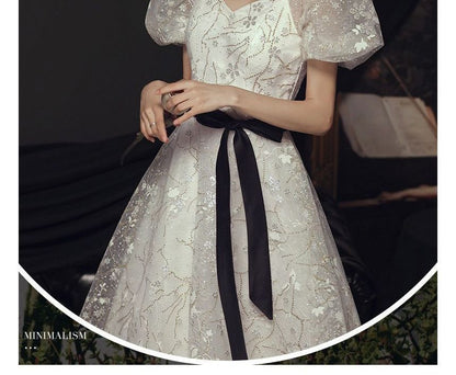 Gown Evening Floral Bow Puff-Sleeve Accent A-Line