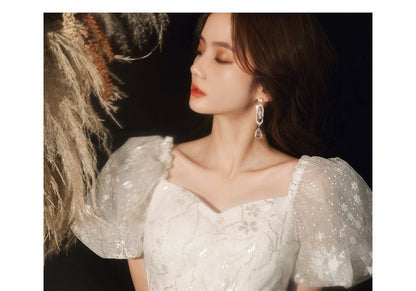 Gown Evening Floral Bow Puff-Sleeve Accent A-Line