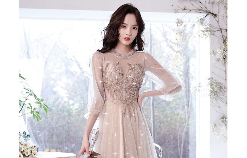 Puff-Sleeve Flower Embroidered Sequin Midi Cocktail Dress / A-Line Evening Gown