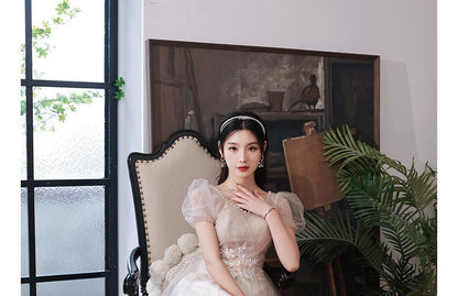 Embroidered Puff-Sleeve A-Line Sequin Evening Gown Flower