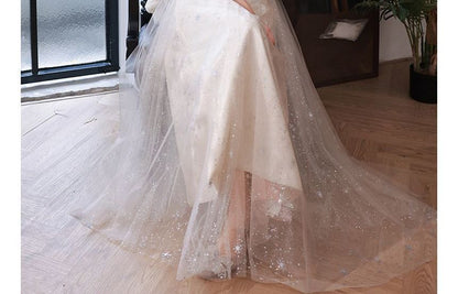 Embroidered Puff-Sleeve A-Line Sequin Evening Gown Flower