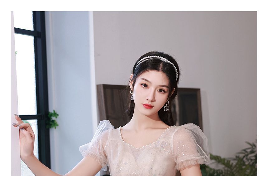 Embroidered Puff-Sleeve A-Line Sequin Evening Gown Flower