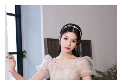 Embroidered Puff-Sleeve A-Line Sequin Evening Gown Flower