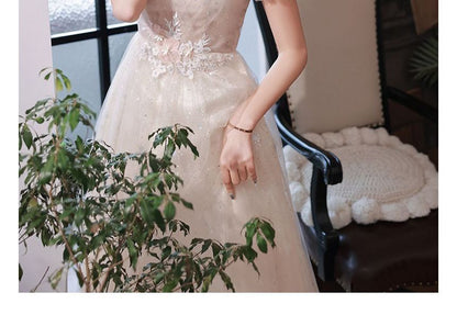 Embroidered Puff-Sleeve A-Line Sequin Evening Gown Flower