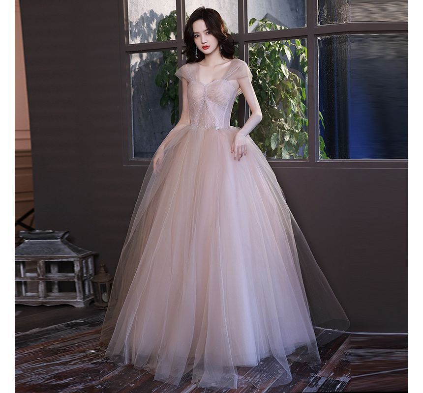 Gown A-Line Cap-Sleeve Plain Beaded Evening