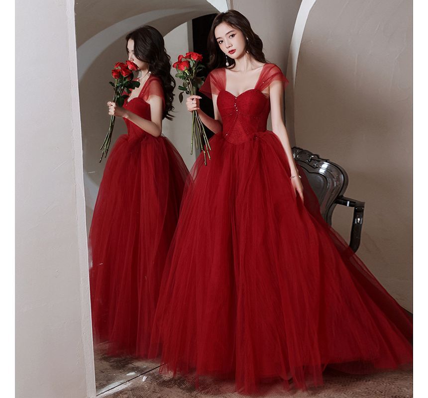 Gown A-Line Cap-Sleeve Plain Beaded Evening