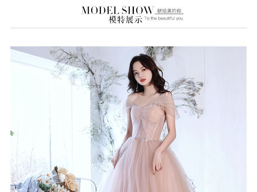 Gown A-Line Cap-Sleeve Plain Beaded Evening