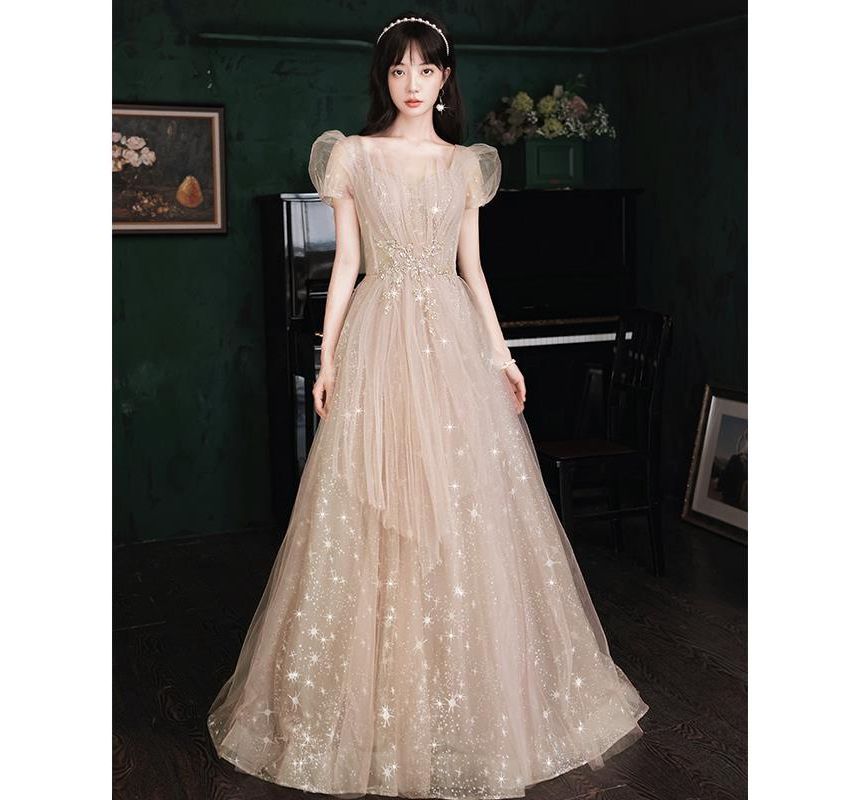 Print A-Line Gown Lace-Up Star Evening Puff-Sleeve