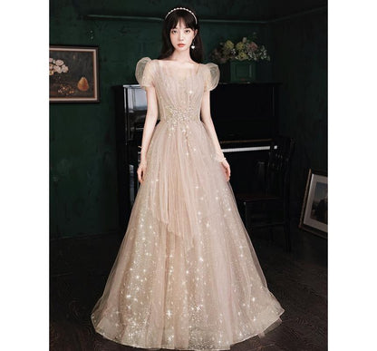 Print A-Line Gown Lace-Up Star Evening Puff-Sleeve