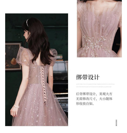 Print A-Line Gown Lace-Up Star Evening Puff-Sleeve