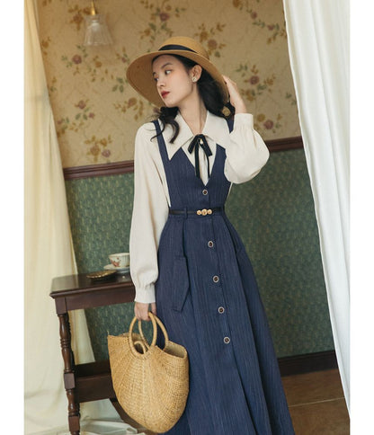 Set: Puff-Sleeve Plain Bow Shirt + Button-Up Midi Overall Dress