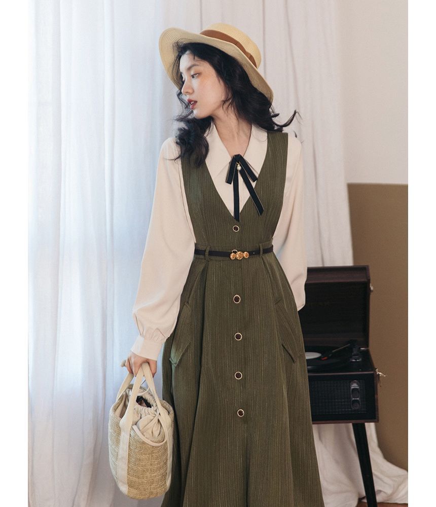Set: Puff-Sleeve Plain Bow Shirt + Button-Up Midi Overall Dress