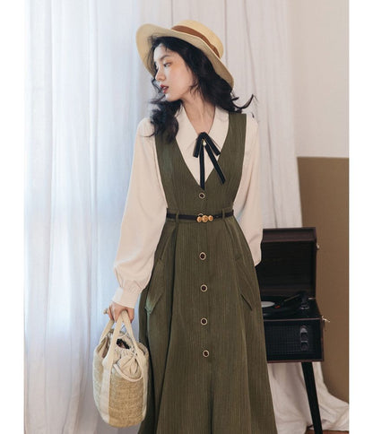 Set: Puff-Sleeve Plain Bow Shirt + Button-Up Midi Overall Dress