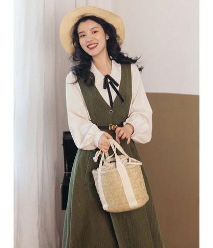 Set: Puff-Sleeve Plain Bow Shirt + Button-Up Midi Overall Dress