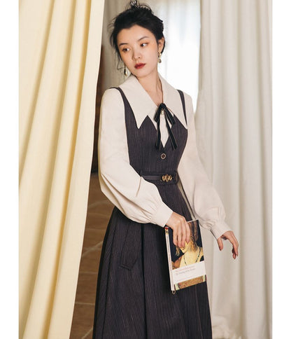 Set: Puff-Sleeve Plain Bow Shirt + Button-Up Midi Overall Dress