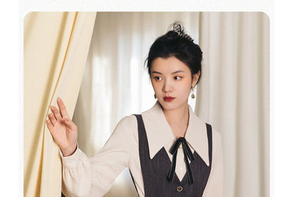 Set: Puff-Sleeve Plain Bow Shirt + Button-Up Midi Overall Dress