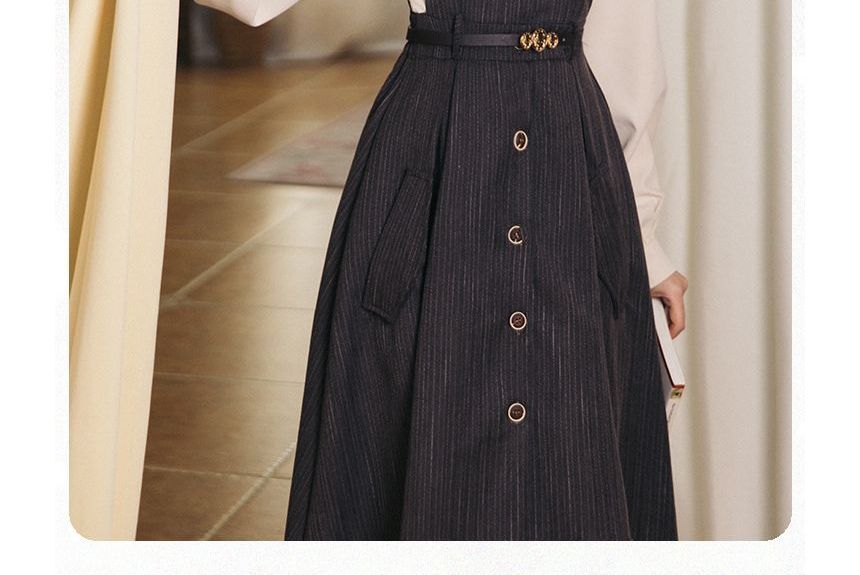 Set: Puff-Sleeve Plain Bow Shirt + Button-Up Midi Overall Dress