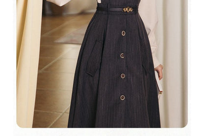 Set: Puff-Sleeve Plain Bow Shirt + Button-Up Midi Overall Dress