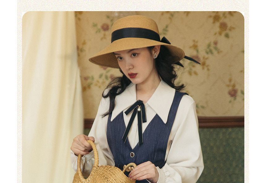 Set: Puff-Sleeve Plain Bow Shirt + Button-Up Midi Overall Dress