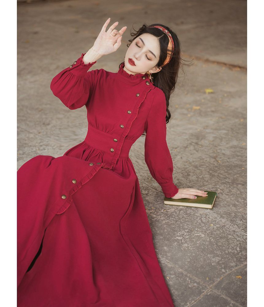 Puff-Sleeve High-Neck Plain Ruffled Midi A-Line Dress