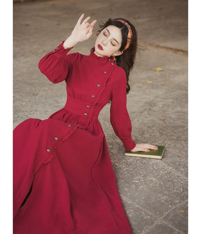 Puff-Sleeve High-Neck Plain Ruffled Midi A-Line Dress