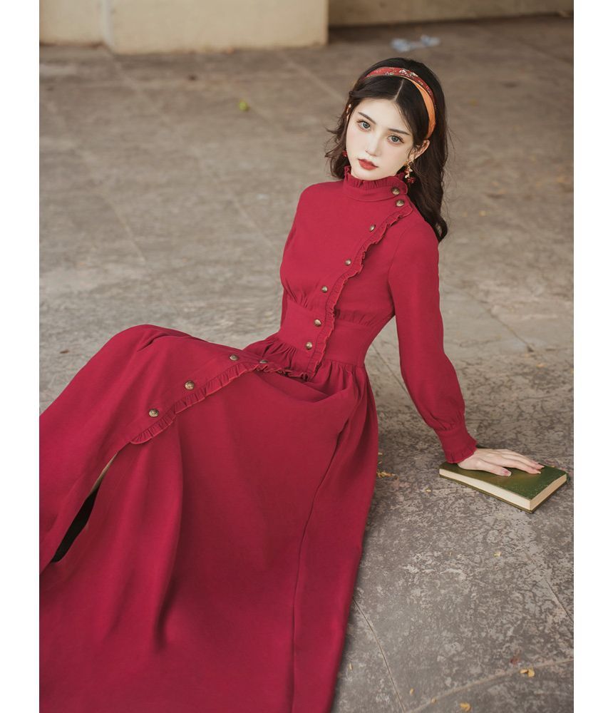 Puff-Sleeve High-Neck Plain Ruffled Midi A-Line Dress