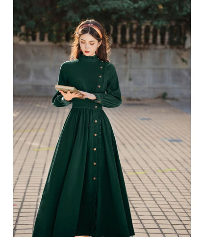 Puff-Sleeve High-Neck Plain Ruffled Midi A-Line Dress