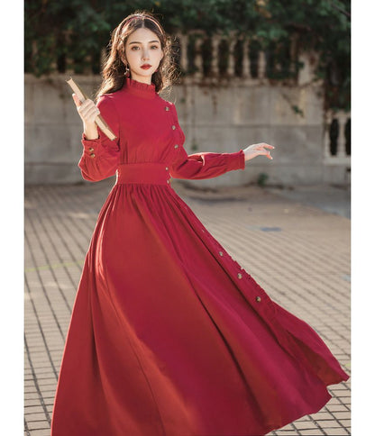 Puff-Sleeve High-Neck Plain Ruffled Midi A-Line Dress