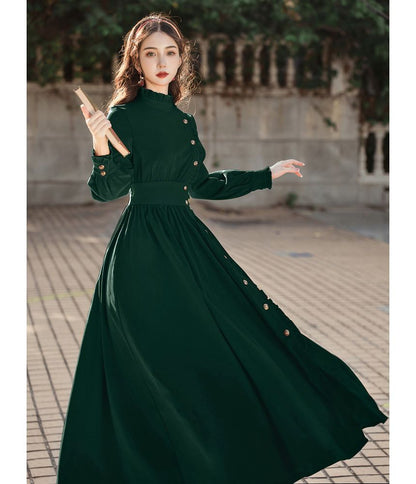 Puff-Sleeve High-Neck Plain Ruffled Midi A-Line Dress