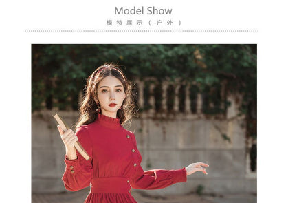 Puff-Sleeve High-Neck Plain Ruffled Midi A-Line Dress