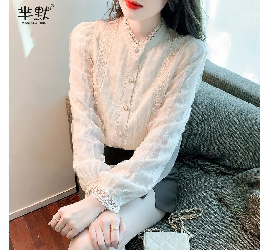 Stand-Collar Lace Long-Sleeve Blouse