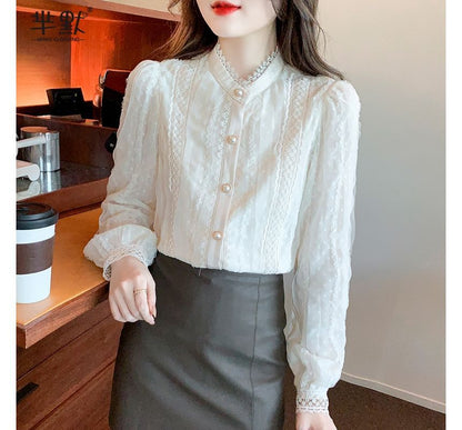 Stand-Collar Lace Long-Sleeve Blouse