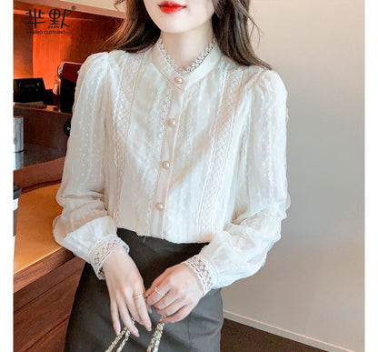 Stand-Collar Lace Long-Sleeve Blouse