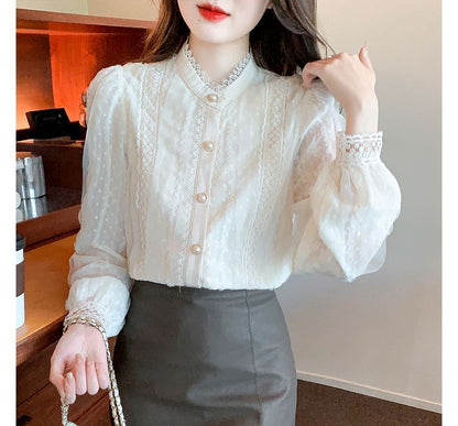 Stand-Collar Lace Long-Sleeve Blouse