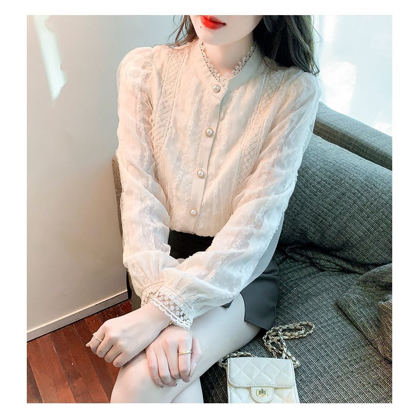 Stand-Collar Lace Long-Sleeve Blouse