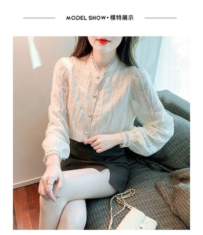 Stand-Collar Lace Long-Sleeve Blouse