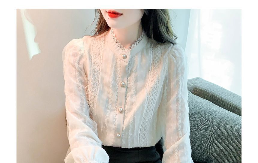 Stand-Collar Lace Long-Sleeve Blouse