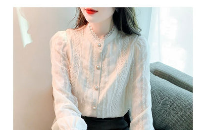 Stand-Collar Lace Long-Sleeve Blouse