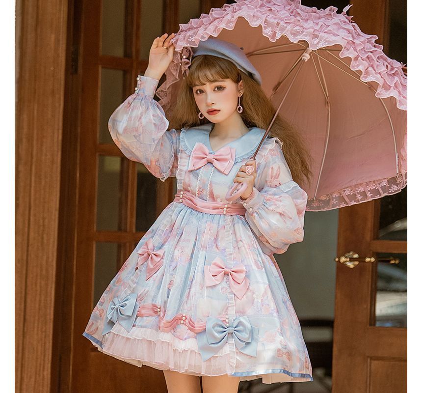 Lolita-Kleid mit Puffärmeln, Blumendruck und Schleife (verschiedene Designs)