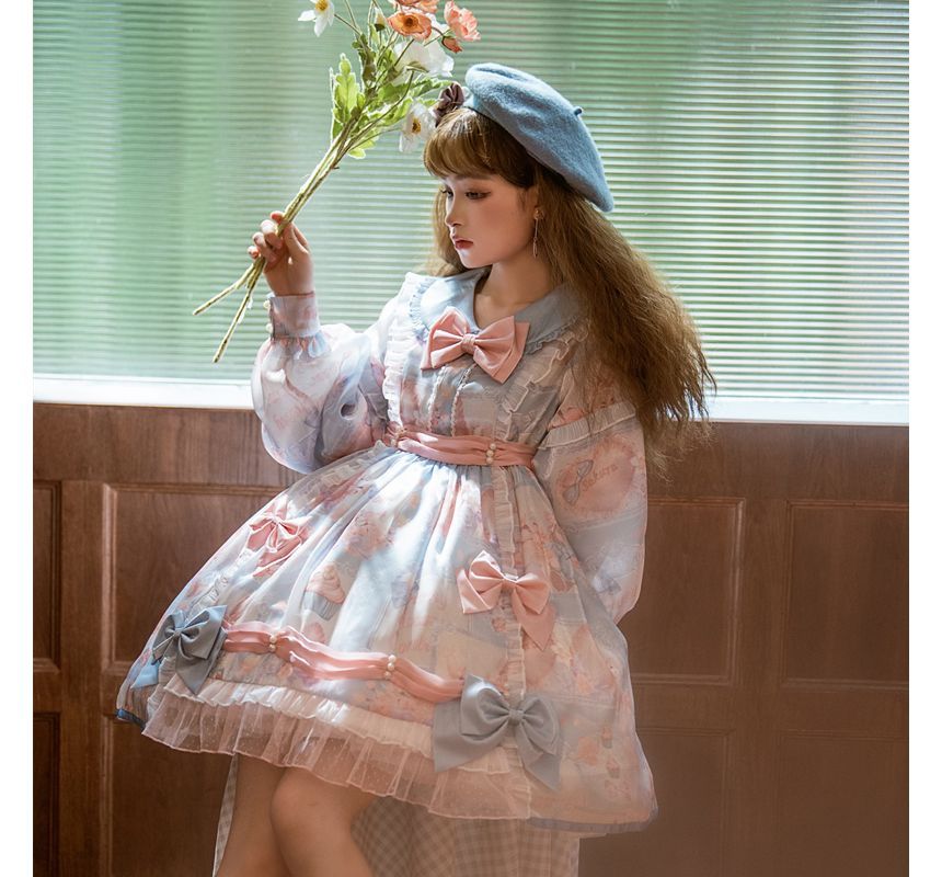 Puff-Sleeve Floral Print Bow Lolita Dress (Various Designs)