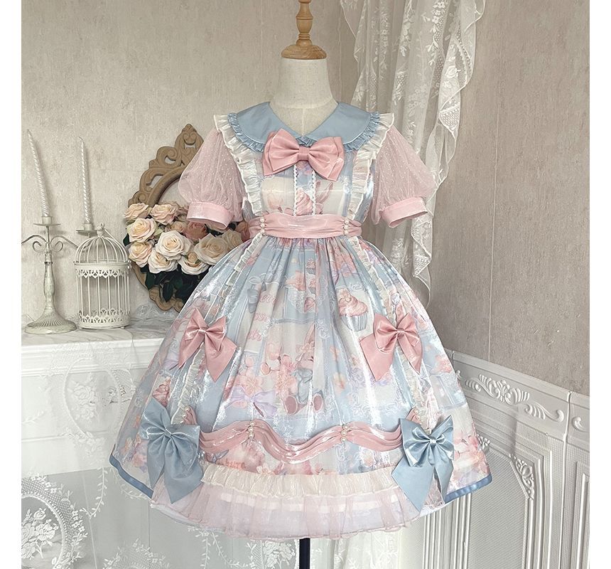 Robe Lolita à manches bouffantes et imprimé floral avec nœud (différents modèles)