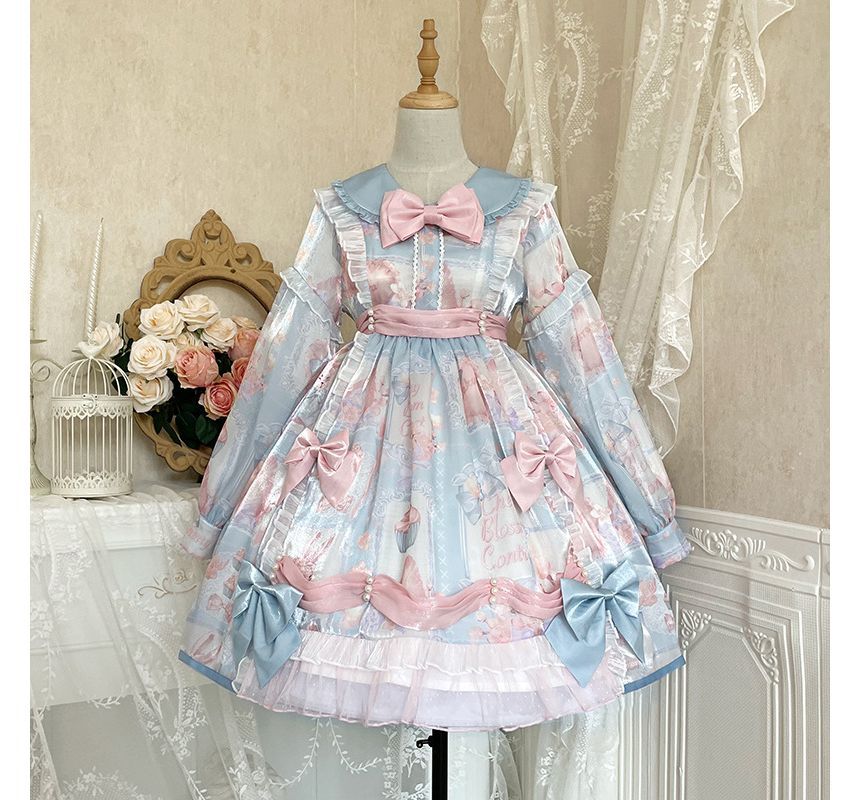 Lolita-Kleid mit Puffärmeln, Blumendruck und Schleife (verschiedene Designs)