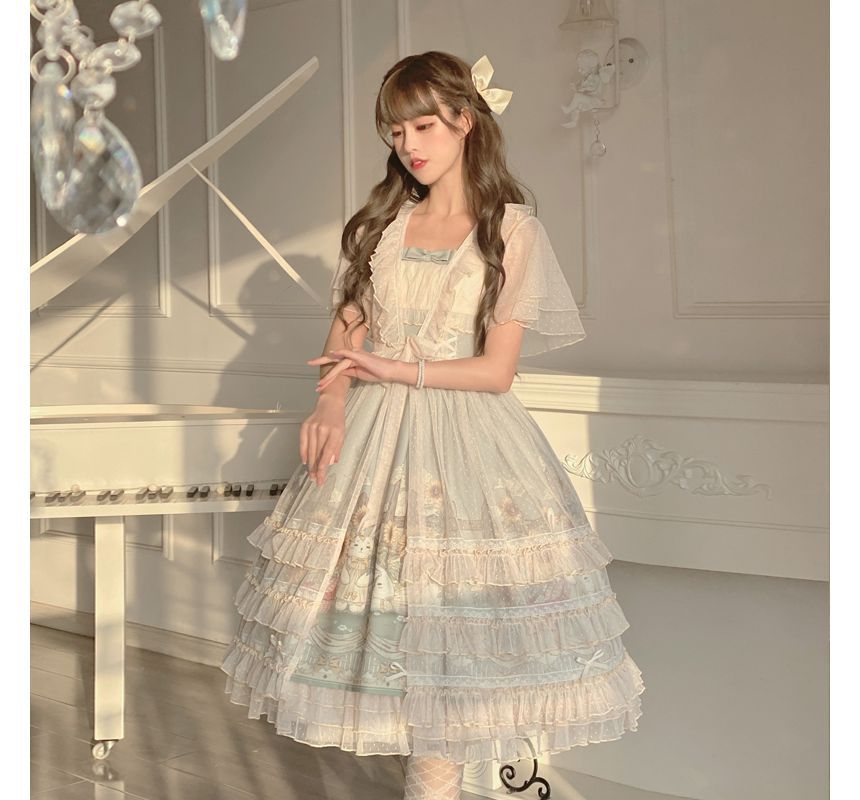 Wide Strap Floral Print Midi A-Line Layered Lolita Dress / Short-Sleeve Ruffle Blouse / Set