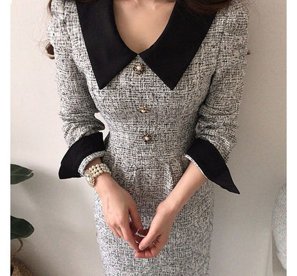 Long-Sleeve Contrast Collar Tweed Midi A-Line Dress