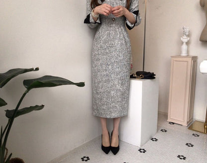 Long-Sleeve Contrast Collar Tweed Midi A-Line Dress